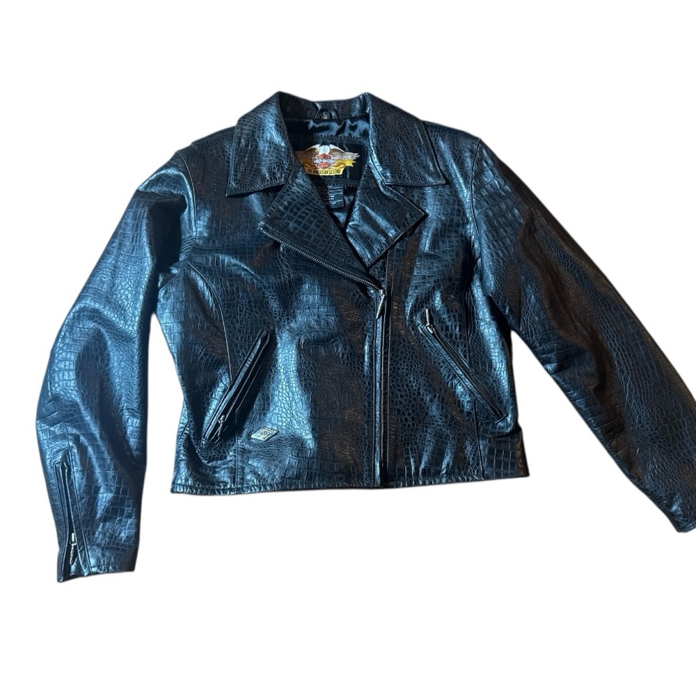 Y2K Harley Davidson Black Leather Croc Embossed Motorcycle Motto Jacket L